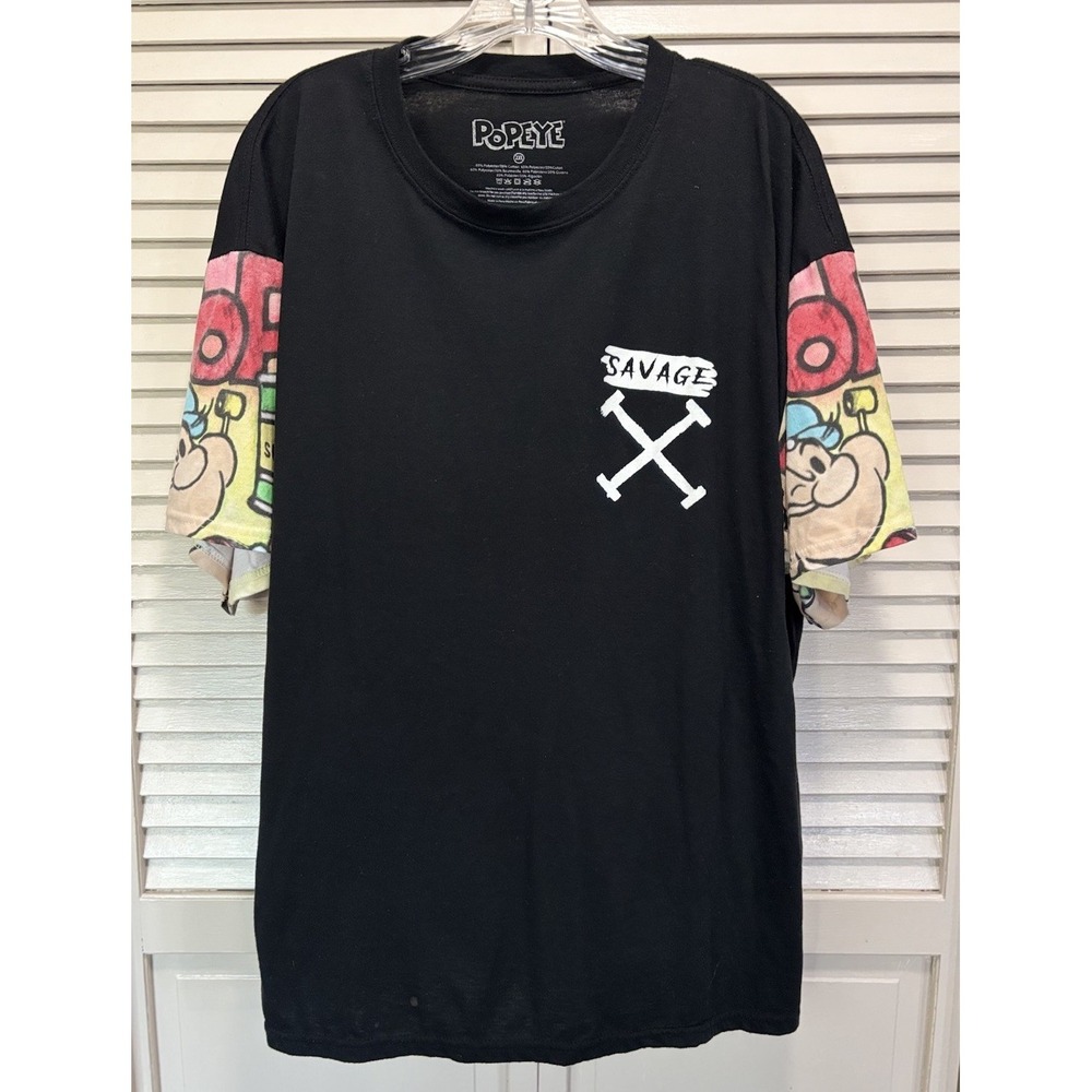 Popeye Savage T Shirt Black/Multi Graphic Short Sleeve Logo Size 2XL Cartoon Y2k